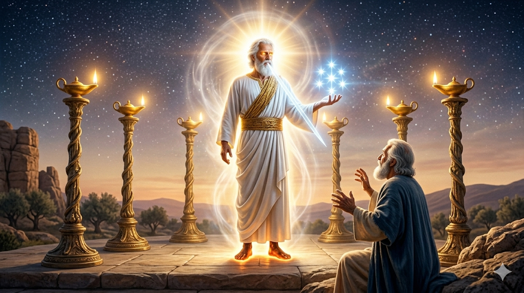 This image depicts the dramatic vision. It focuses on the figure of the 'One like a son of man,' rendered in a rich, classical art style. He stands amidst the seven gnarled golden lampstands, with eyes like fire and hair like white wool. From his mouth proceeds a sharp, glowing two-edged sword of light, and his feet have the appearance of burnished bronze. In his outstretched hand, he holds a brilliant cluster of seven stars. The aged John is visible in the lower right, partially turning in profound awe at the spectacle.